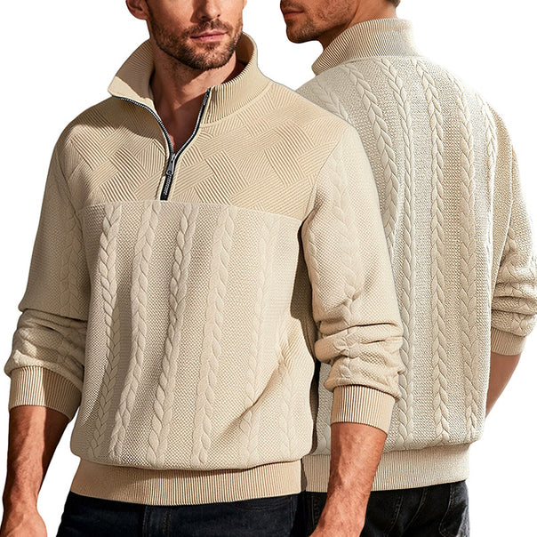 Men's textured knit sweater with half zip, braided cable pattern, and high stand-up collar Mune Fashion