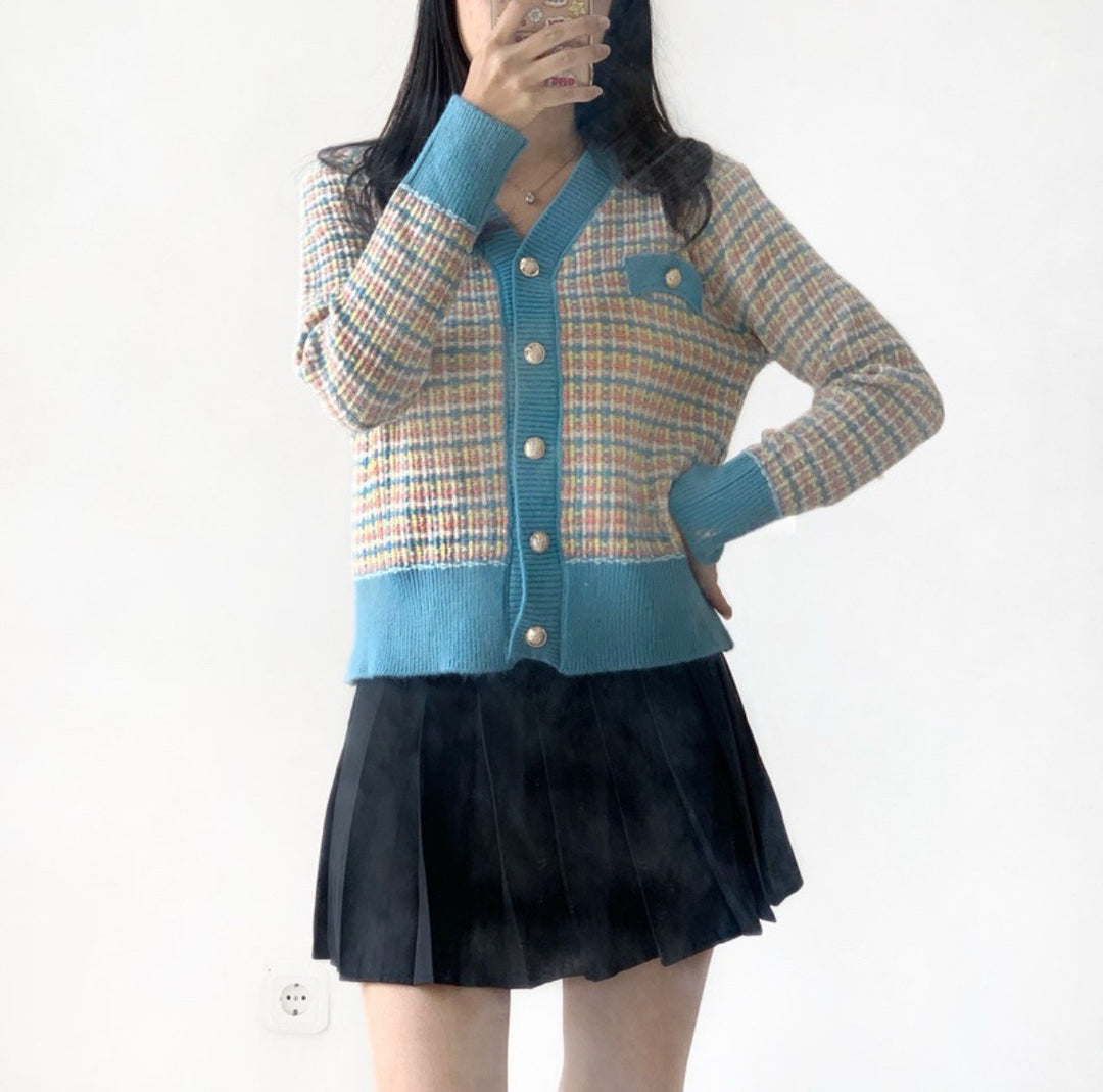 Women's Tweed Knit Cardigan with V-Neck and Decorative Button Placket Mune Fashion