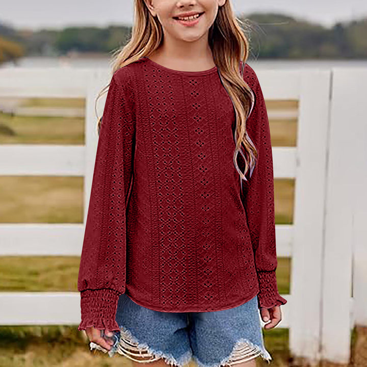 Women's Openwork Oversized Pullover Shirt with Balloon Sleeves and Ruffle Cuffs Mune Fashion