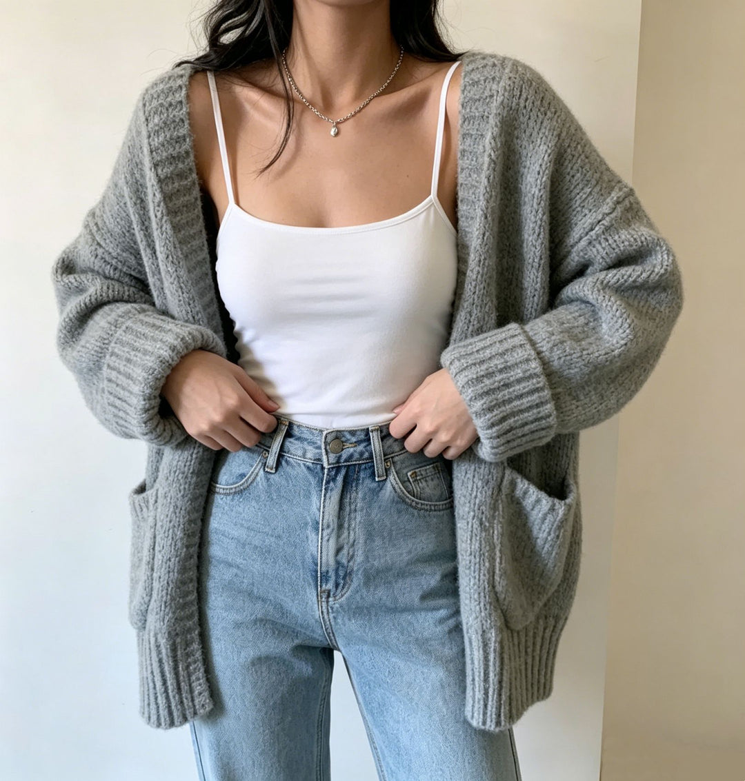 Women's Long Open Chunky Knit Cardigan with Pockets and Ribbed Cuffs Mune Fashion