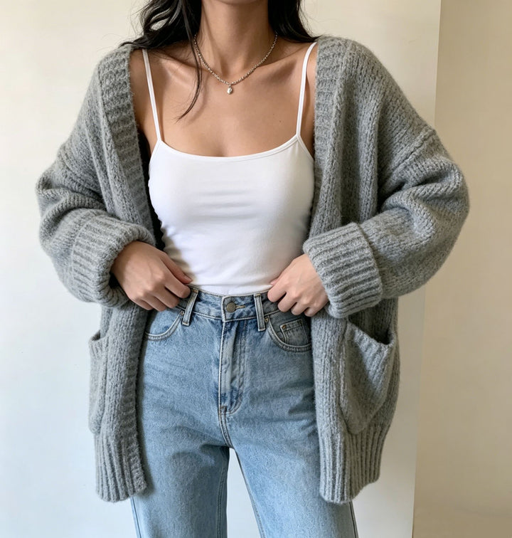Women's Long Open Chunky Knit Cardigan with Pockets and Ribbed Cuffs Mune Fashion