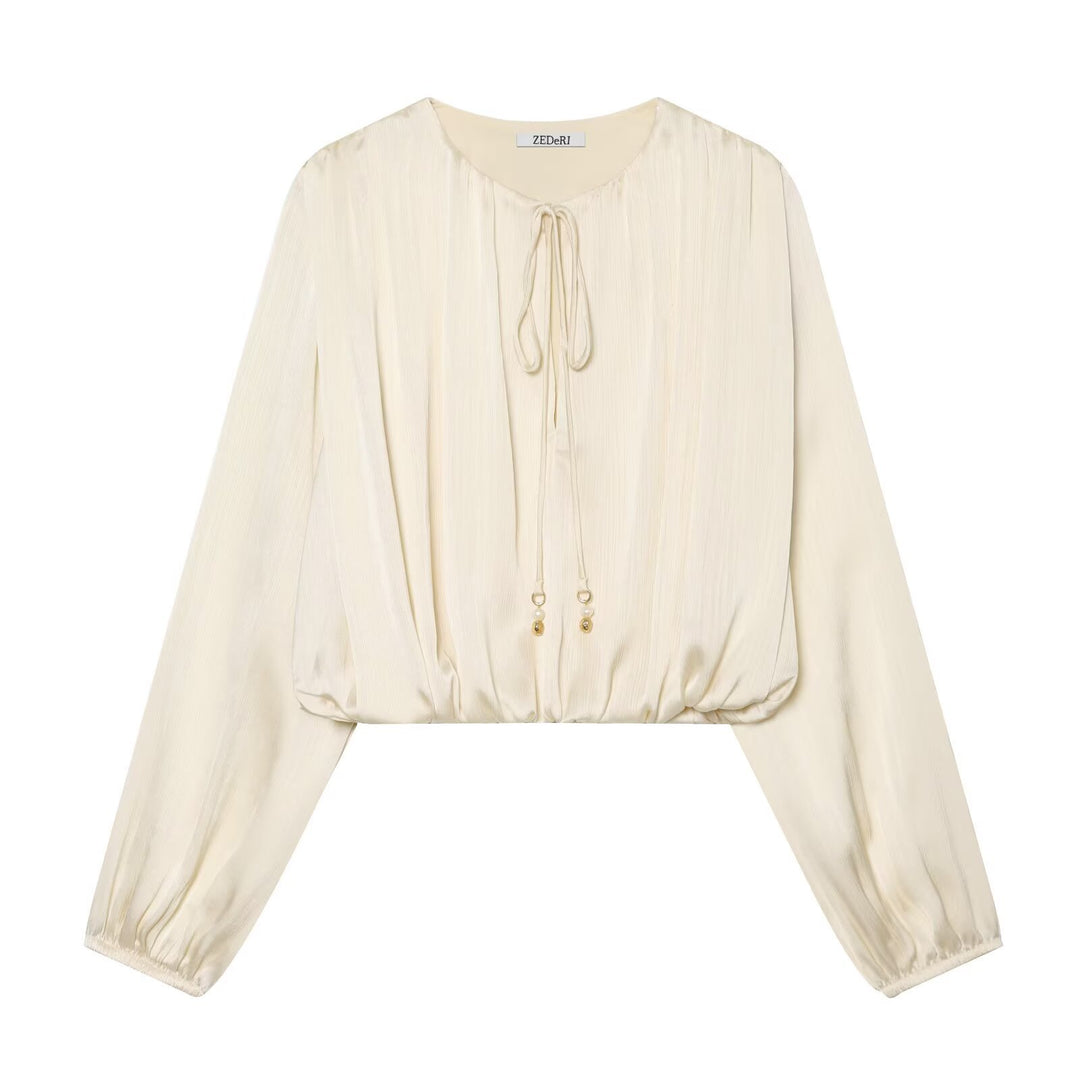 Women's Pleated Cropped Blouse with Drawstring and Balloon Sleeves Mune Fashion