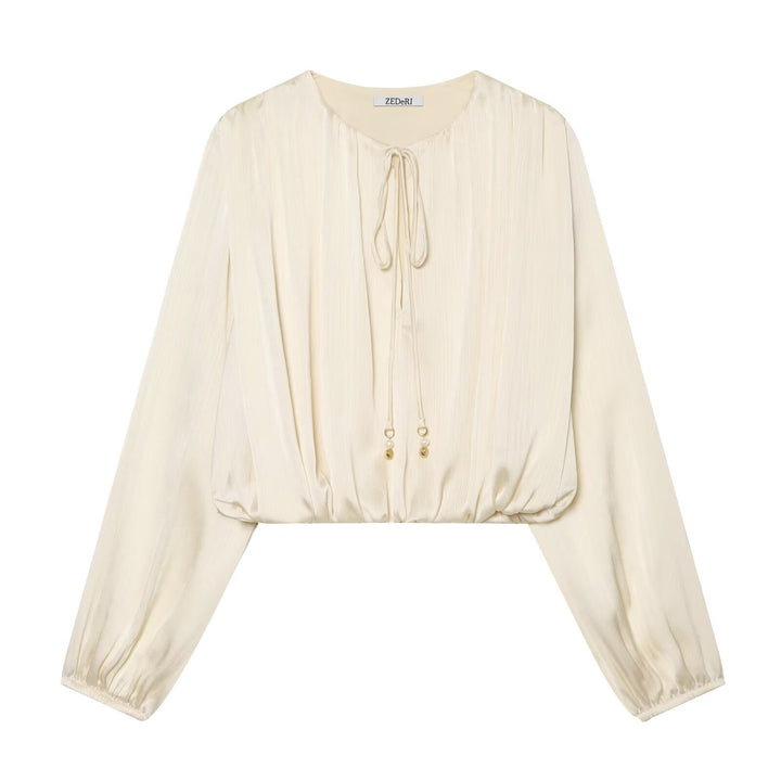 Women's Pleated Cropped Blouse with Drawstring and Balloon Sleeves Mune Fashion