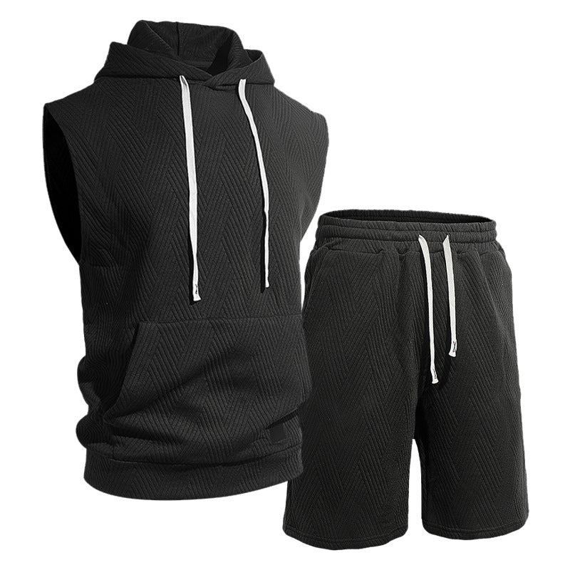 Men's sleeveless hoodie lounge set made of textured cotton blend with kangaroo pocket and elastic leisure pants Mune Fashion