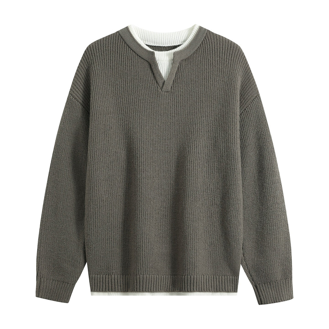Men's Oversize Structured Knit Sweater with V-insert at Crew Neck Mune Fashion