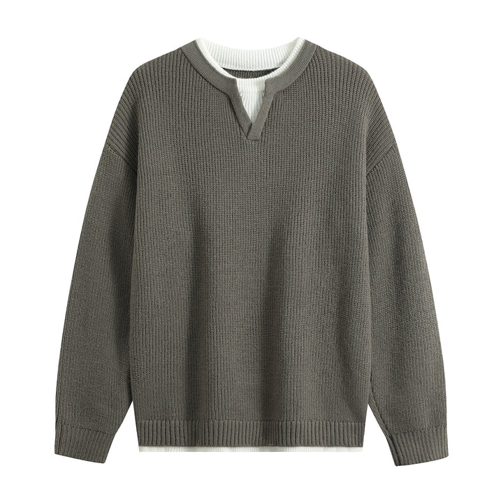 Men's Oversize Structured Knit Sweater with V-insert at Crew Neck Mune Fashion