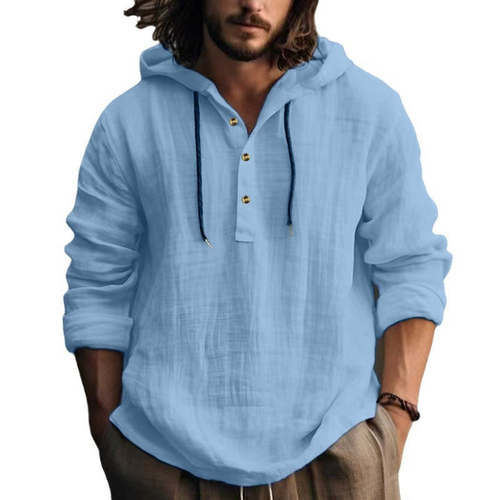 Men's lightweight hooded Henley linen shirt with button placket and drawstring Mune Fashion