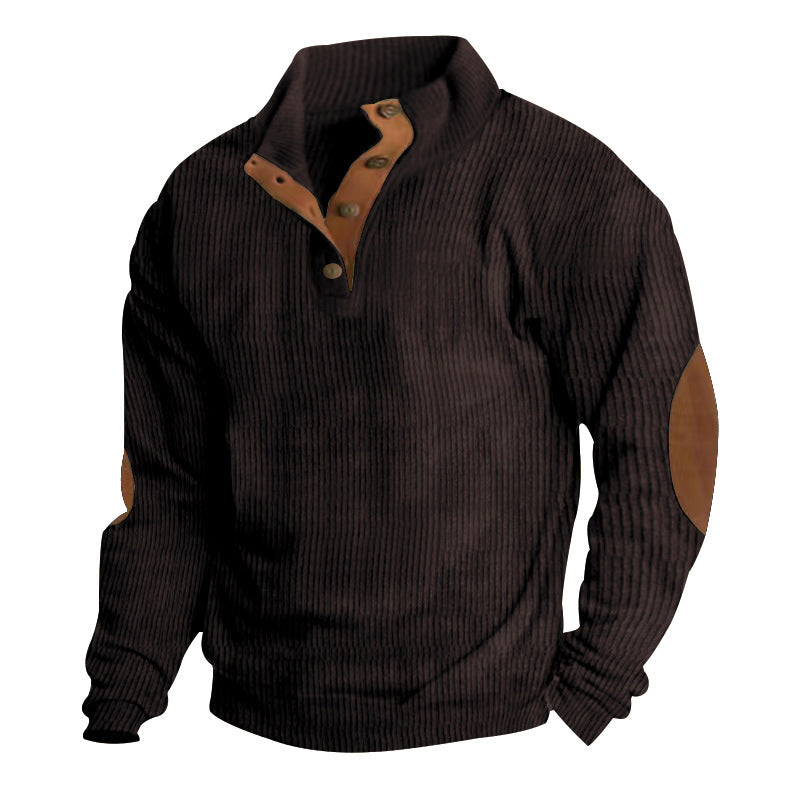 Men's rustic ribbed pullover with Henley collar and leather-like elbow patches Mune Fashion