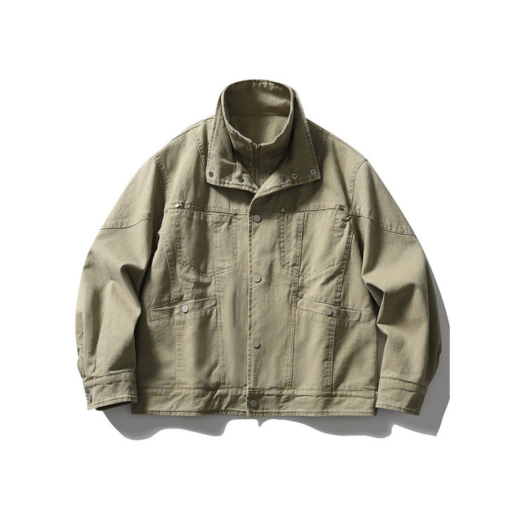 Men's Oversized Canvas Jacket with Stand-Up Collar, Snap Button Front and Concealed Zipper Interior Insert Mune Fashion
