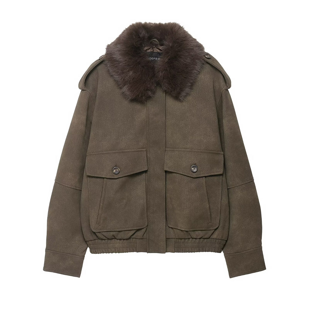 Women's short jacket in pilot bomber style with faux fur shawl collar Mune Fashion
