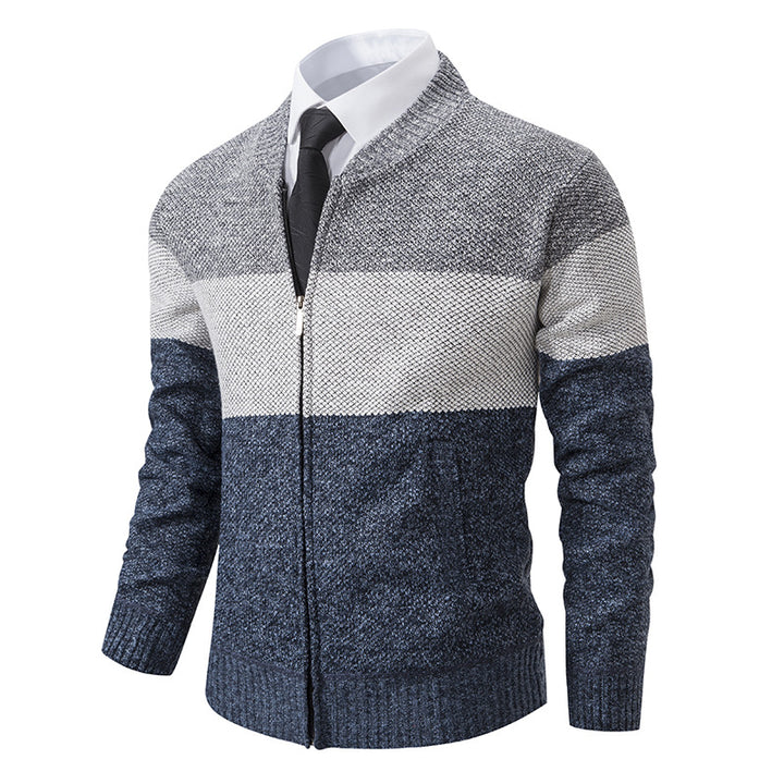 Men's Structured Block Stripe Cardigan with Front Zip, Stand Collar and Patch Pockets Mune Fashion