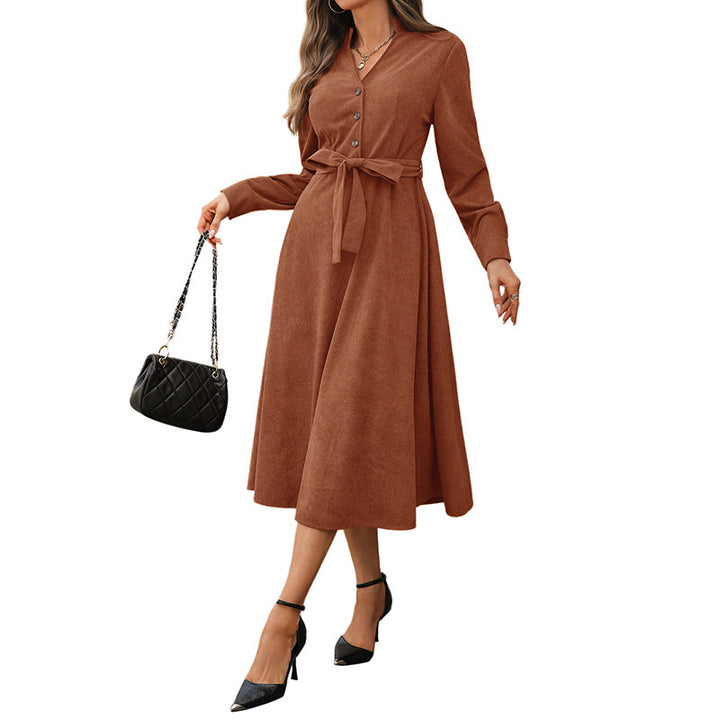 Women Midi Dress A-Line with V-Neck, Button Placket, Three-Quarter Sleeves and Waistband Mune Fashion