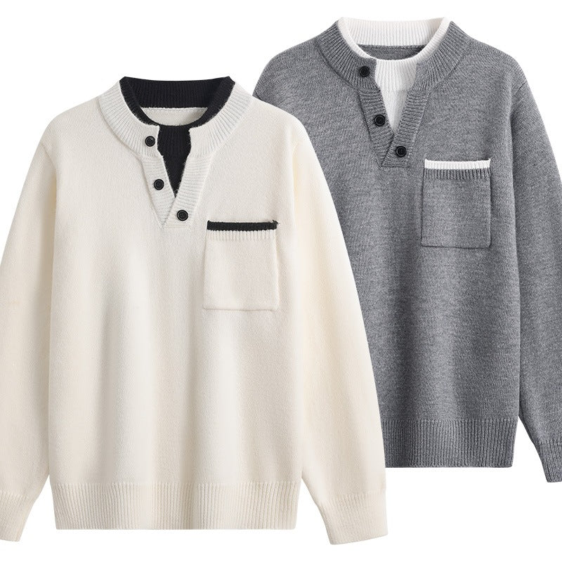 Men's fine knit Henley sweater with button placket, chest pocket & contrast collar Mune Fashion