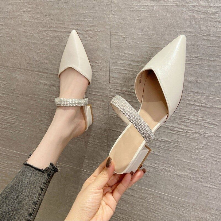 Women’s pointed toe backless mules with double row crystal strap and sculpted block heel Mune Fashion