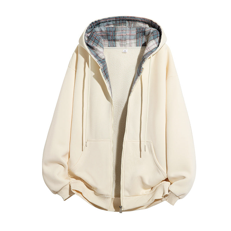 Herren Kapuzenjacke mit Teddy‑Fleece‑Futter und kariertem Kapuzeninnenfutter, durchgehendem Reißverschluss Mune Fashion