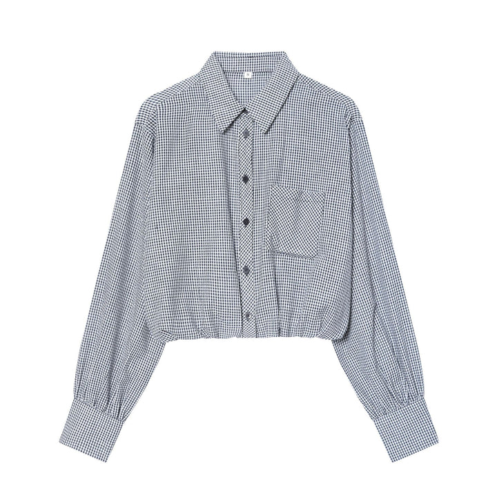 Women nan cropped check shirt with balloon sleeves, chest pocket and elastic hem Mune Fashion