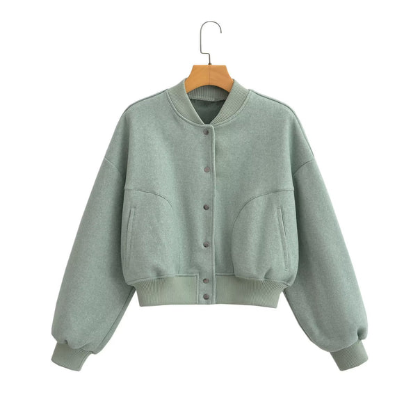Unisex oversized wool blend bomber jacket with ribbed hem and snap button placket Mune Fashion