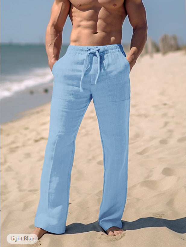 Men's loose resort leisure pants in palazzo style made of linen blend with drawstring and side inset pockets Mune Fashion