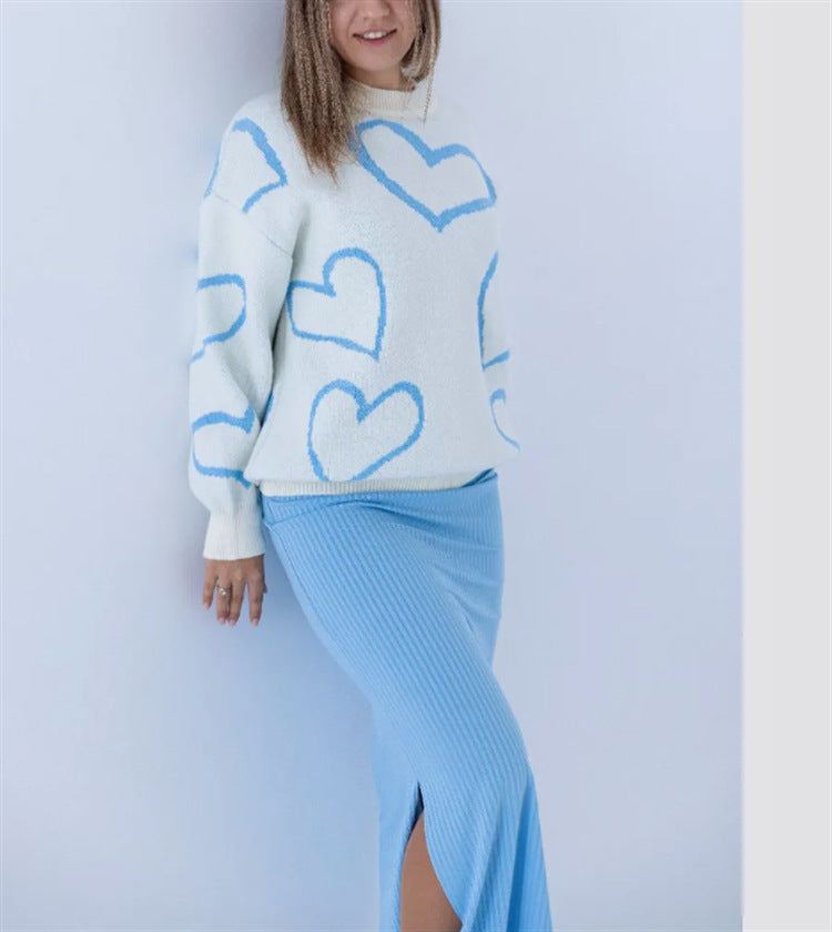 Women's Cozy Jacquard Sweater with Heart Motif and Loose Oversized Fit Mune Fashion