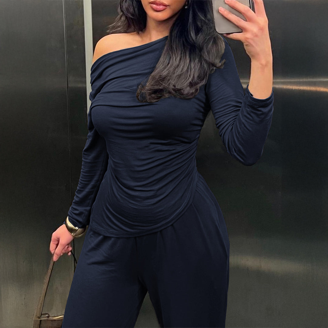 Women's two-piece jersey set with asymmetric wrap look, long-sleeve top, and wide high-waist pants Mune Fashion