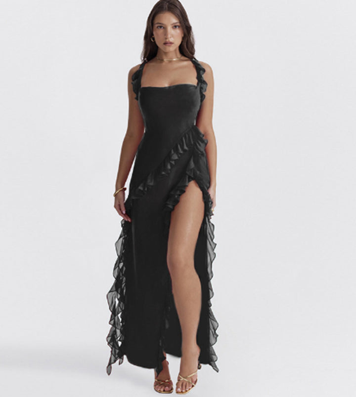Women long evening dress with square neckline, shoulder ruffle straps, and high leg slits Mune Fashion