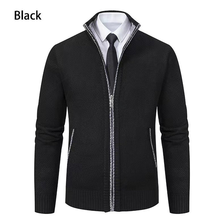 Men's melange knit zip jacket with high stand-up collar, fine texture and concealed side pockets Mune Fashion