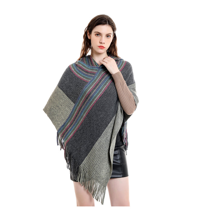 Women's Hooded Poncho in Chunky Knit with Fringe Hem Mune Fashion