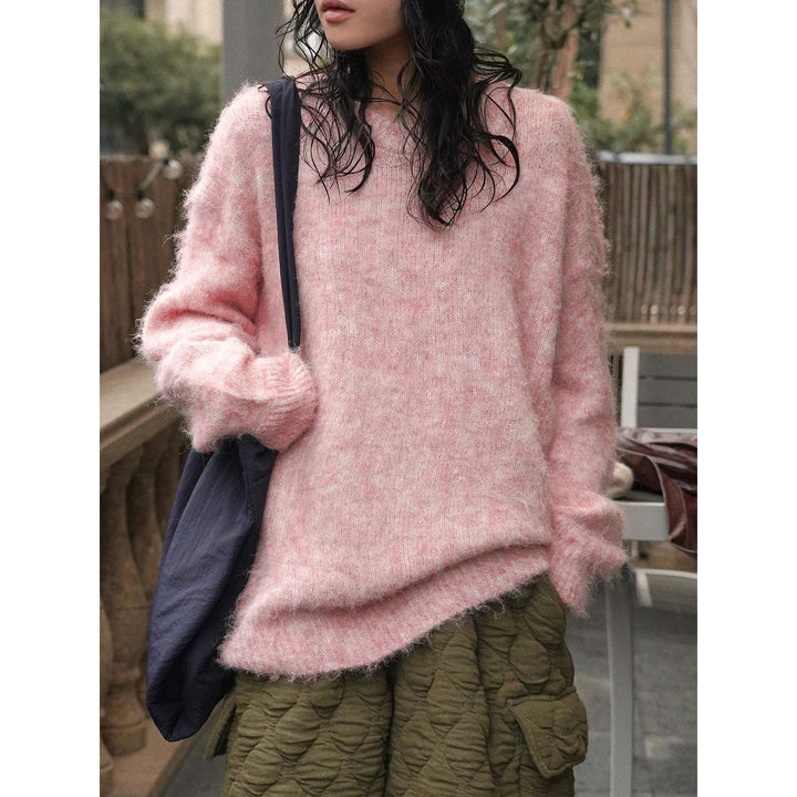 Women Soft Oversize Mohair-Optic Sweater with Ribbed Hem and Round Neckline Mune Fashion