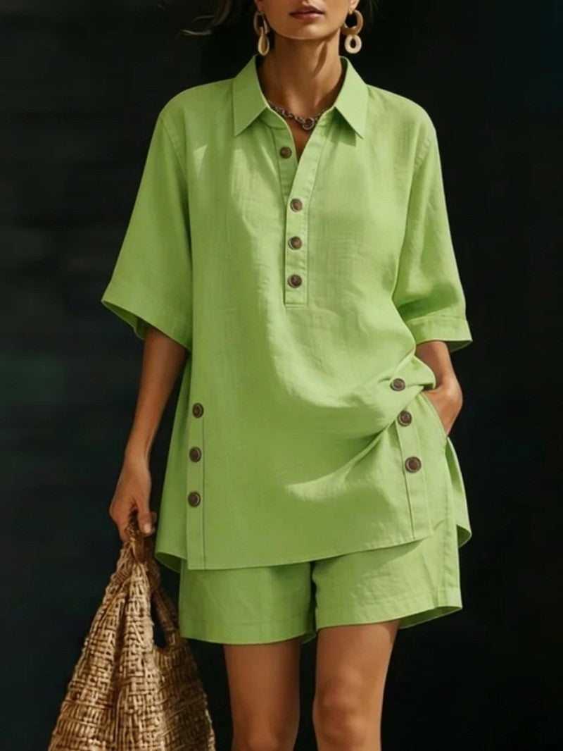 Women's airy linen-look two-piece set with oversized shirt blouse, button placket, and Bermuda shorts Mune Fashion