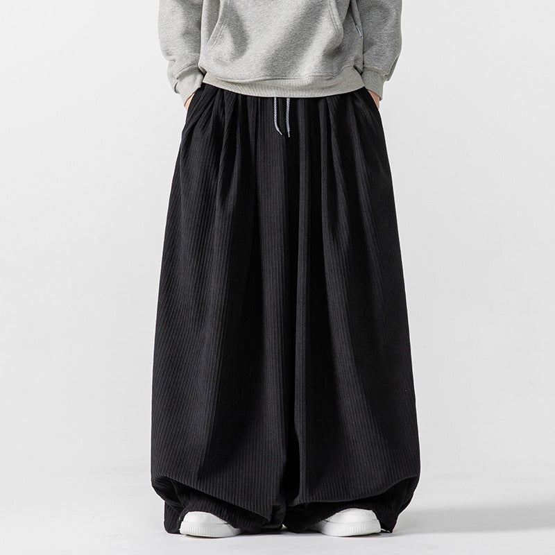 Men's Extra Wide Pleated Pants with Ribbed Texture and Drawstring Mune Fashion