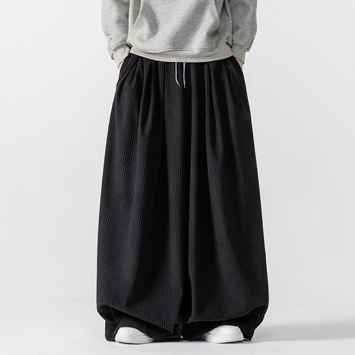 Men's Extra Wide Pleated Pants with Ribbed Texture and Drawstring Mune Fashion