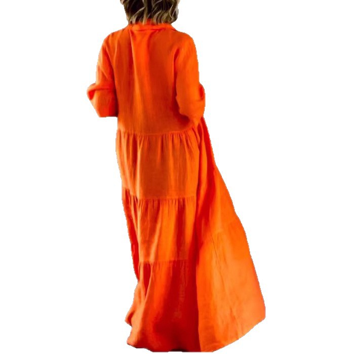 Women's summer linen blend tiered maxi dress with shirt collar, gathered waist and elbow-length sleeves Mune Fashion