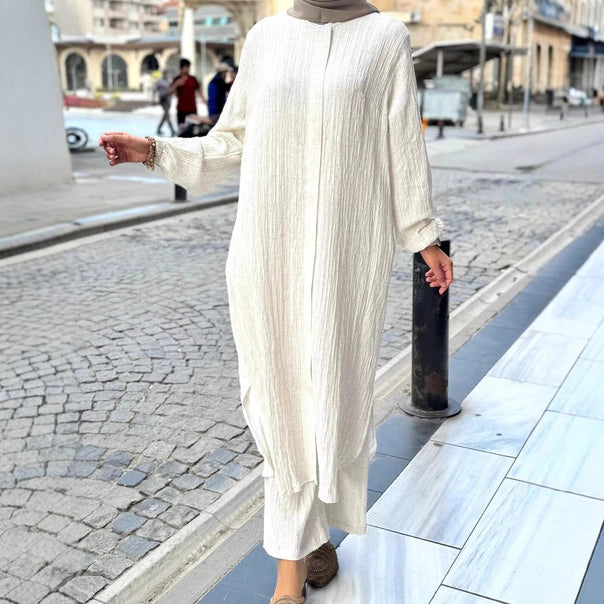 Women Long Crinkle Kaftan Dress with Balloon Sleeves and Stand Collar Look Mune Fashion