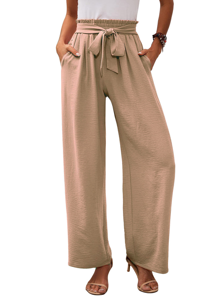 Women's paperbag pants with wide leg, elastic waist and tie belt Mune Fashion