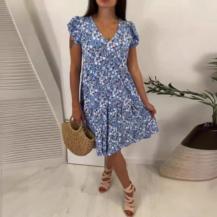 Ladies' V-neck tiered dress with puff sleeves and fitted underbust seam Mune Fashion