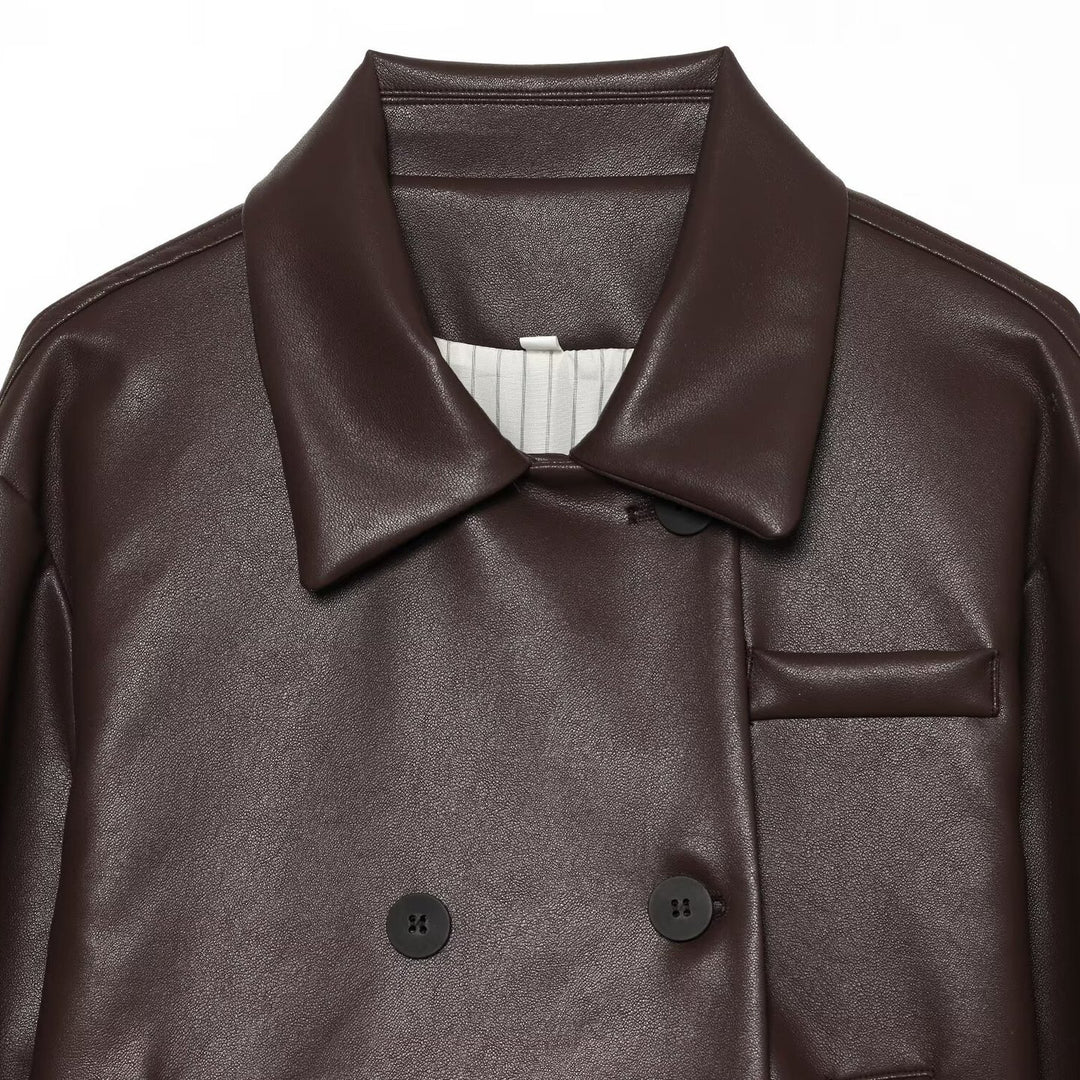 Women's Short Faux Leather Blouson with Double-Breasted Button Placket and Boxy Silhouette Mune Fashion