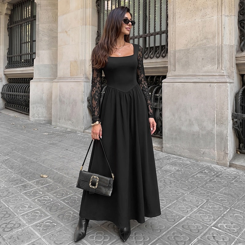 Women Figure-flattering Midi Dress with Lace Sleeves and Square Neckline Mune Fashion