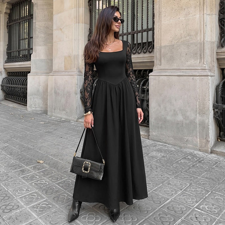 Women Figure-flattering Midi Dress with Lace Sleeves and Square Neckline Mune Fashion