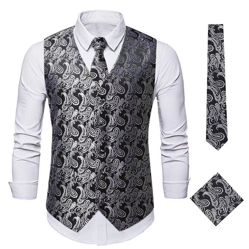 Men's Nan Paisley Satin Suit Vest Set with Tie and Pocket Square Mune Fashion