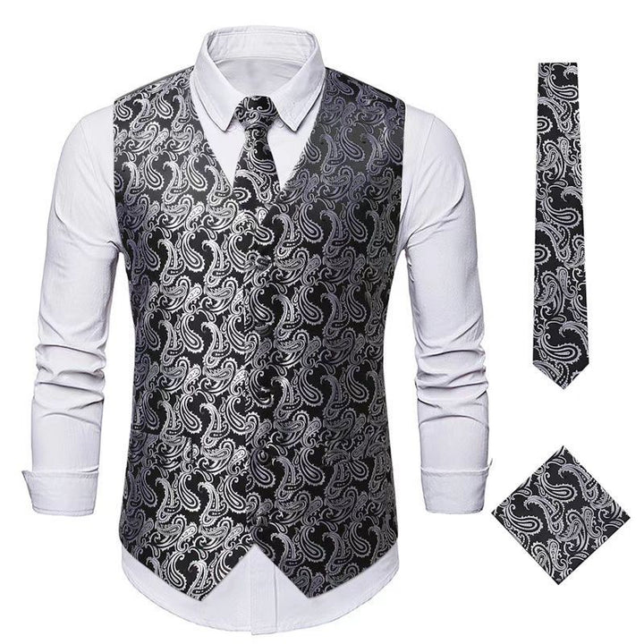 Men's Nan Paisley Satin Suit Vest Set with Tie and Pocket Square Mune Fashion
