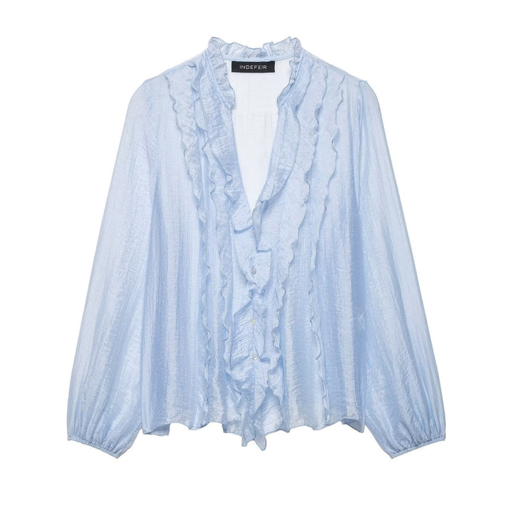 Women's Light Chiffon Blouse with Ruffle Button Placket and Balloon Sleeves Mune Fashion