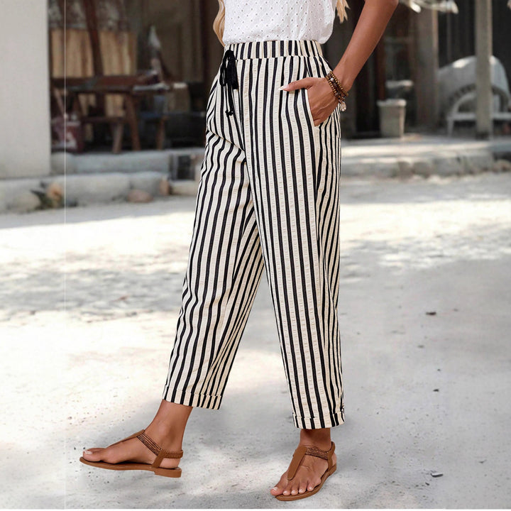 Women's Lightweight High-Waisted Striped Pants with Elastic Waistband, Drawstring, and Side Pockets