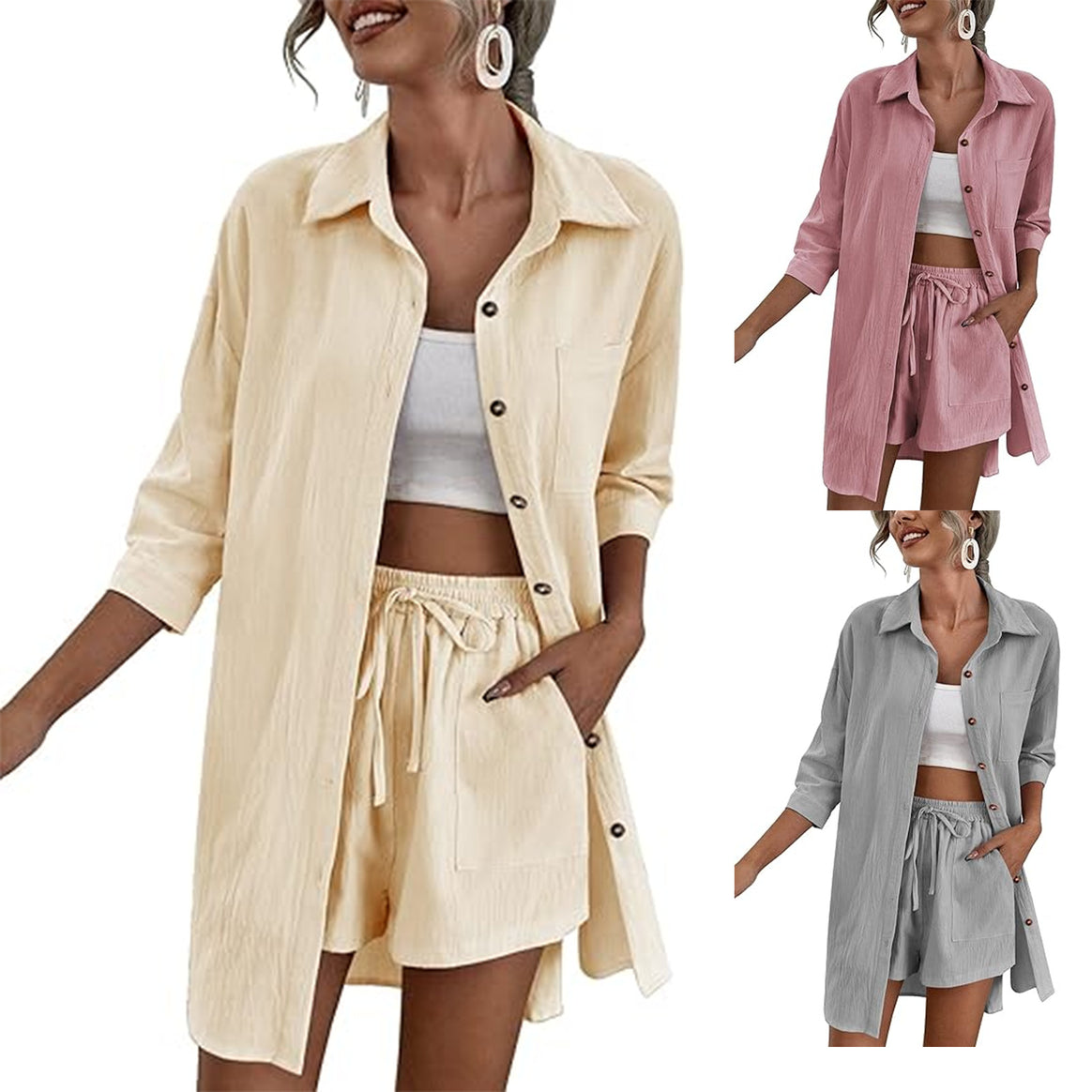 Women's Lightweight Longline Shirt Jacket Set with Elastic High-Waist Shorts Mune Fashion