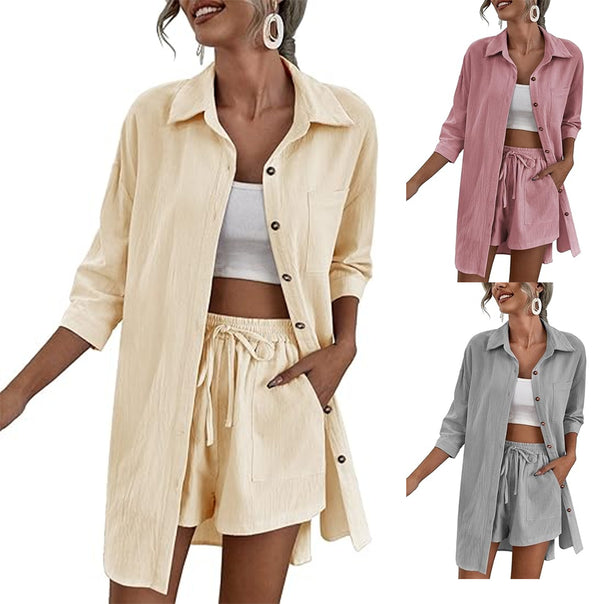 Women's Lightweight Longline Shirt Jacket Set with Elastic High-Waist Shorts Mune Fashion
