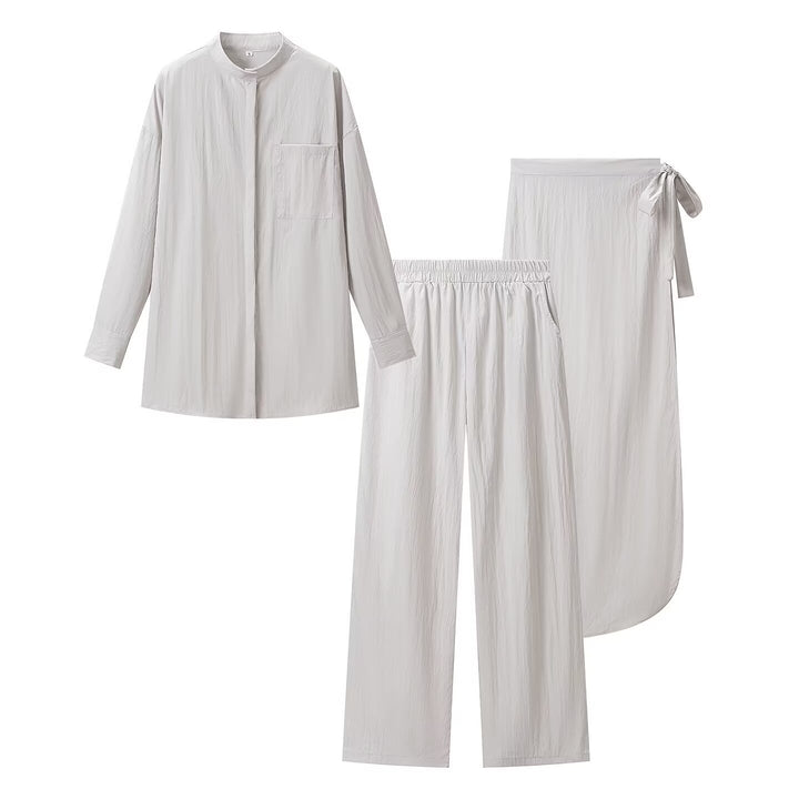 Women's Three-Piece Relax Loungewear Set with Stand-Up Collar, Elastic High-Waist Pants and Wrap Skirt Mune Fashion