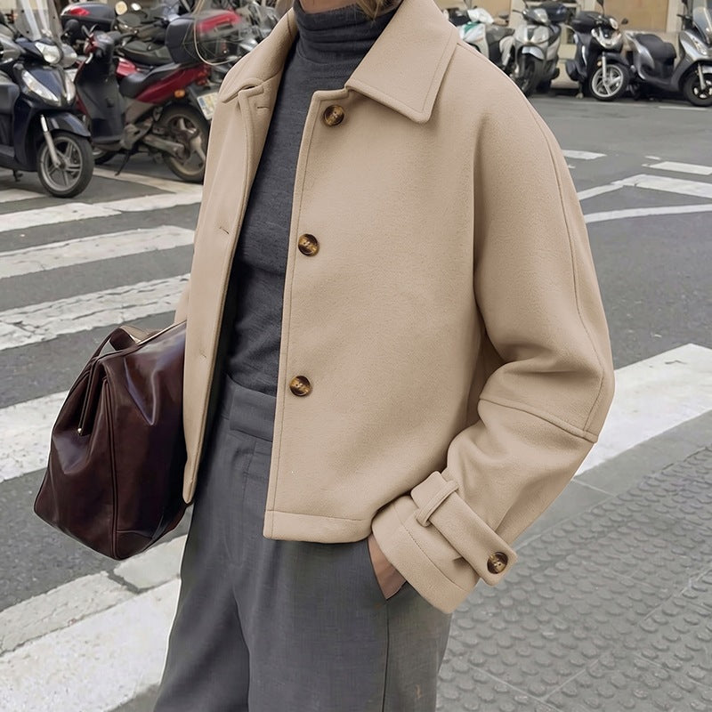 Women Short Cut Wool Blend Boxy Coat with Shirt Collar and Adjustable Cuffs Mune Fashion