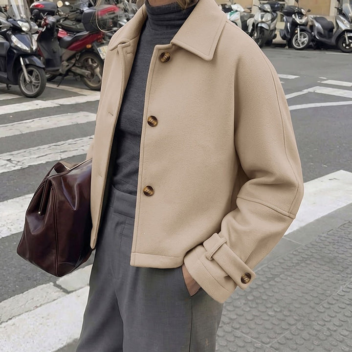 Women Short Cut Wool Blend Boxy Coat with Shirt Collar and Adjustable Cuffs Mune Fashion