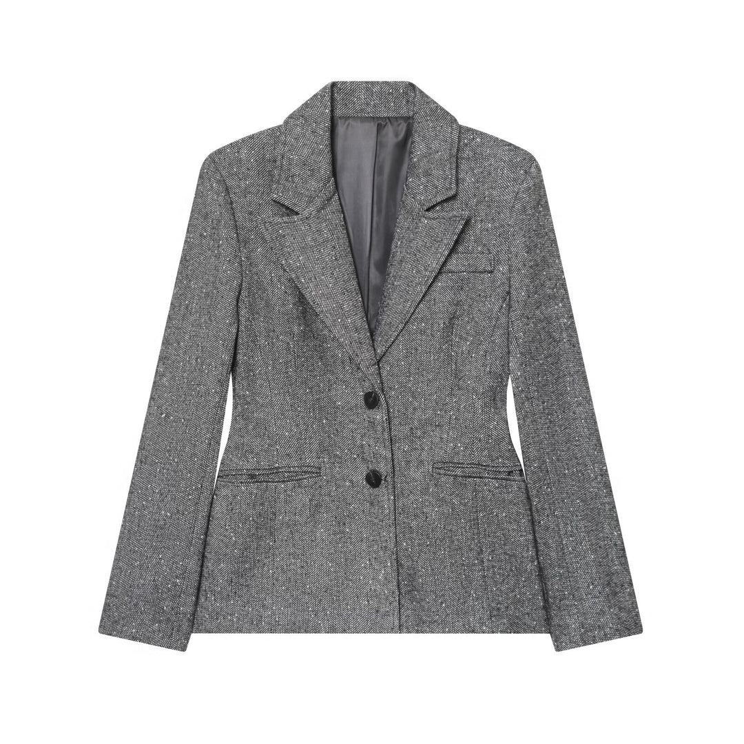 Women Tailored Blazer in Herringbone Pattern with Notched Collar and Flap Pockets Mune Fashion