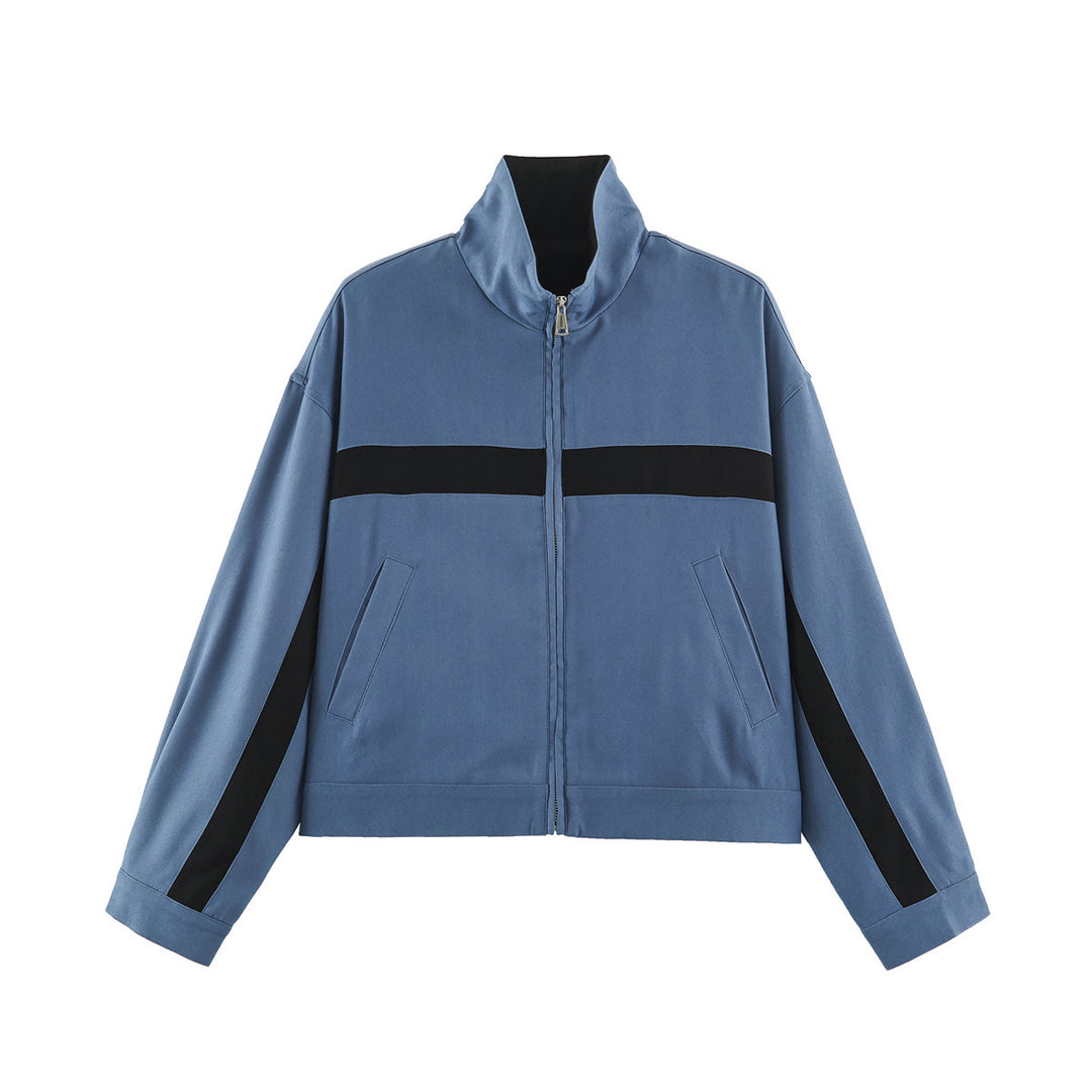 Ladies Cropped Track Jacket with Stand-up Collar, Zipper and Side Contrast Stripes Mune Fashion