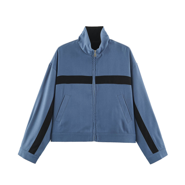 Ladies Cropped Track Jacket with Stand-up Collar, Zipper and Side Contrast Stripes Mune Fashion
